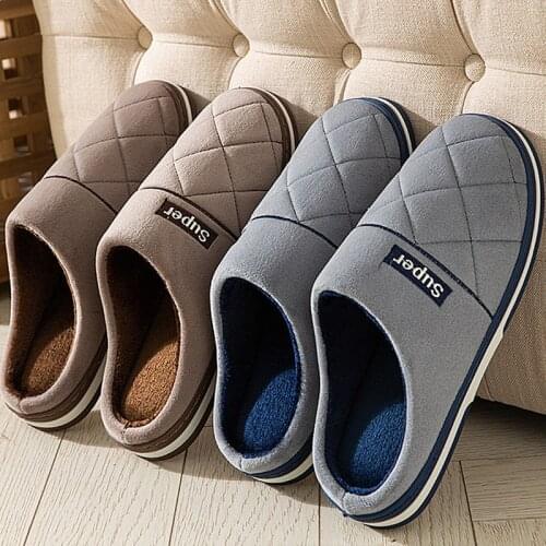 Men House Indoor Slippers Platform Gingham Plush Cotton Shoes Male Fluffy Simple Indoor Slipper Suede Bedroom Warm Slides 2021