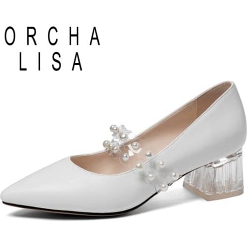 ORCHALISA 2021 Ladies Beading Pumps Flock Pointed Toe Slip On Soft Instep Wrap Crystal Thick Heel Size 33-43 Black White A4428