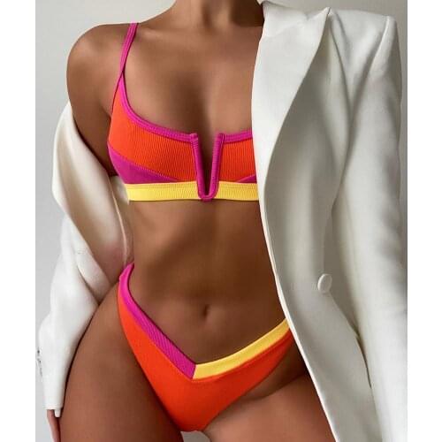Sexy Splicing V Shaped Bikini Female Swimsuit Women Swimwear Two-pieces Bikini set Mid Waist Bathers Bathing Suit Swim Lady