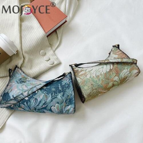 Versatile Oil Painting Printing Shoulder Bags Women Pearl Chain Small Underarm Bags Ladies Zipper Subaxillary Bags