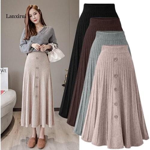 Skirt womens mid-length skirt autumn and winter loose plus size skirt single-breasted high waist knitted ladies pleated skirt