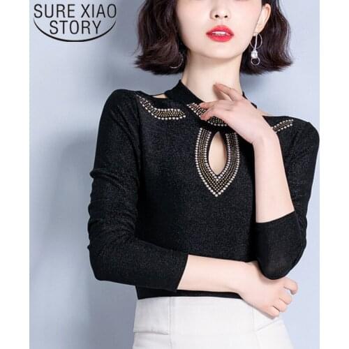 2020 New Hot Solid Long Sleeve Drill Stand Collar Bottom Tops Off Shoulder Sexy Slim Fit Women Blouse Chemisier Femme 2001 8528