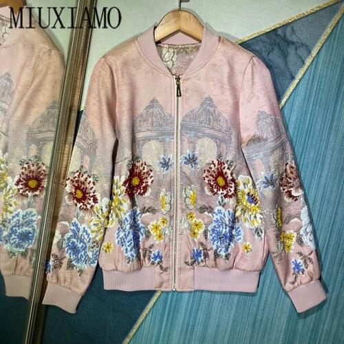 MIUXIMAO High Quality 2020 Office Lady Fall Jacket Casual Full Sleeve Beading 3D Flower Pink Embroidery Jacket Women vestidos