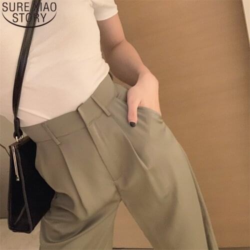 2021 Spring Summer Women Pants Loose Green Solid Thin Fashion Casual Wide Leg Pants Solid High Waist Femlae Trousers Pant 9680
