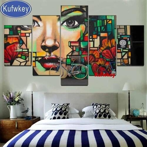 Flower Woman Face diamond painting,full,square,round diamond embroidery 3 Piecs,mosaic diamond diy handwork,Bicycle,5 Panel