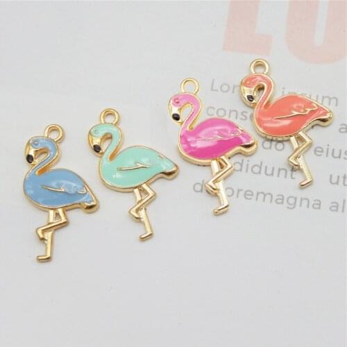Julie Wang 4PCS Enamel Flamingo Charms 4 Colors Bird Animal Bracelet Necklace Earring Alloy Gold Tone Jewelry Making Accessory