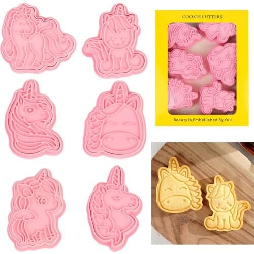 6Pcs Unicorn Cookie Cutters Unicorn Theme Birthday Party Pastry Biscuit Mold 3D Cartoon Pressable Cookie Stamp Mould Baking Tool