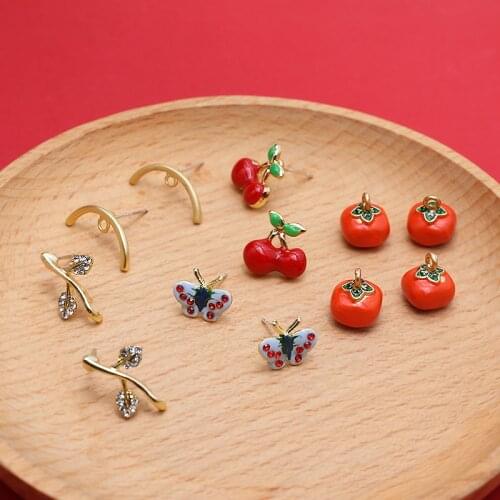 6pcs Chinese style retro persimmon red cherry mini butterfly Stud Earrings For Women accessories Statement earrings materials