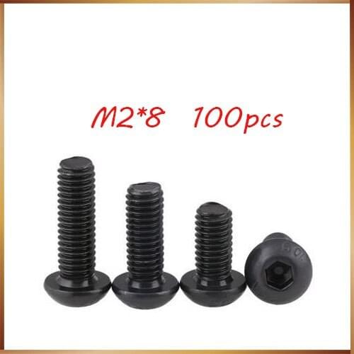 Free Shipping 100pcs M2x8 mm M2*8 mm yuan cup Half round pan head black grade 10.9 carbon Steel Hex Socket Head Cap Screw