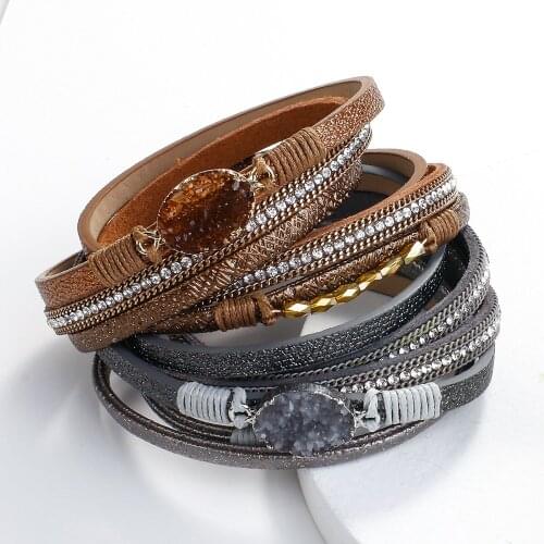 Amorcome Resin Stone Charm Womens Leather Wrap Bracelet Handmade Multi-strand Layered Stacking Cuff Bracelets for Women Girls