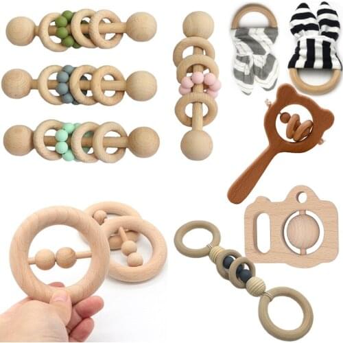 Wooden Rattle Beech Bear Hand Teething Wooden Ring Baby Rattles Play Gym Montessori Stroller Toy Educational Toys For Children