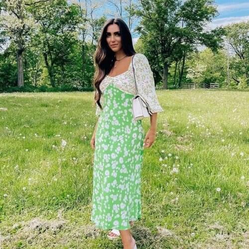 Foridol Daisy Print Gren Maxi Long Autumn Winter Dress Floral Print Boho Lantern Sleeve Vintage Midi Dress Party Dress Vestidos