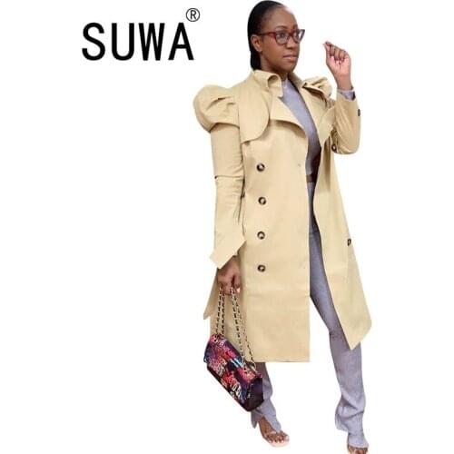 Double Breasted Classic Women Trench Coat Elegant Long Puff Sleeve Loose Long Windbreaker High Street Female Slim Outwear