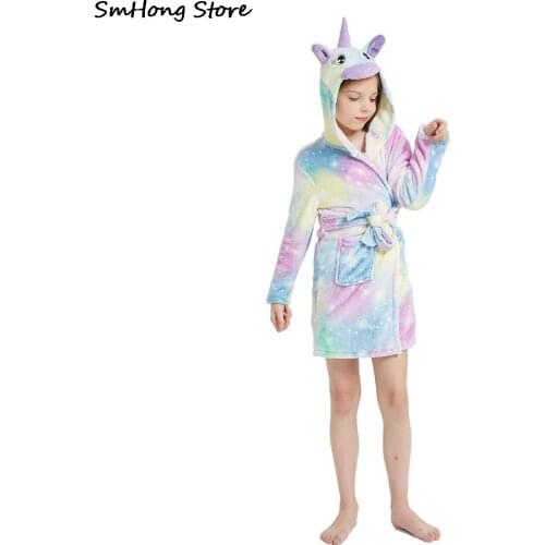 Animal Kigurumi Unicorn Bathrobe Winter Flannel Soft Warm Winter Baby Girl Bathrobes Childrens Sleepwear Towels for Kids