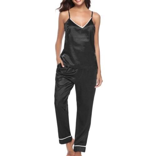 Hirigin Silk Casual Women Sleepwear V- Neck Sleeveless Top Pant Pajamas Set Sexy Suspender Trousers Suit Homewear