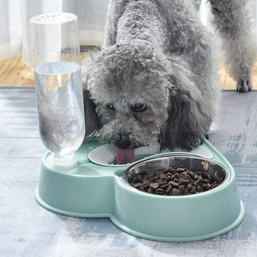Heart Shape Dog Food Feer Bowl with Water Bottle Automatic Drinking Water Dispenser Cat Feeding Bowl Disc Slow Down Eating Pet S