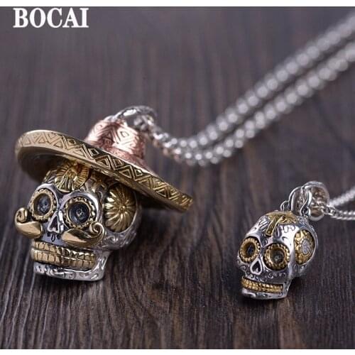 BOCAI New real pure s925 silver jewelry stylish personality with hat skull Man pendant retro punk style