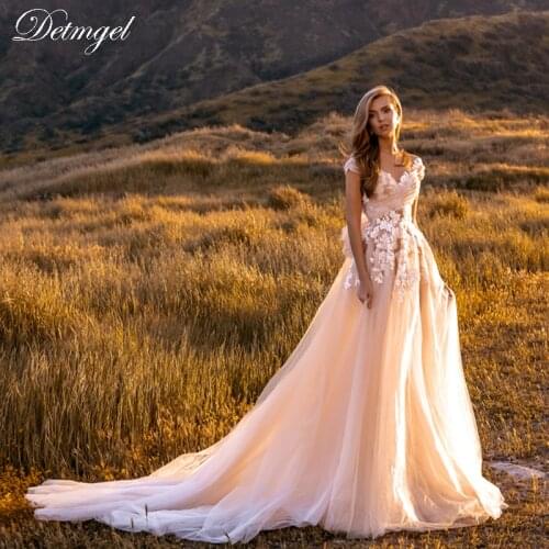 Detmgel New Arrival Scoop Neck Backless A-Line Wedding Dresses 2020 Gorgeous Cap Sleeve Appliques Flowers Princess Bridal Gown