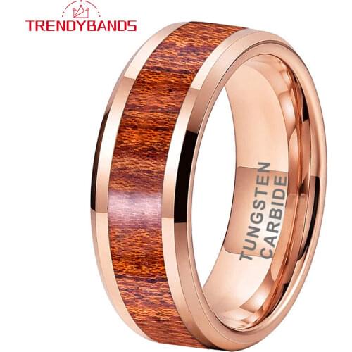 Wedding Band 8MM Rose Gold Mens Womens Engagement Rings Tungsten Ring With Koa Wood Inlay