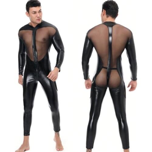Open Crotchless Sexy Lingerie Men Onesie Latex PU Leather Erotic Catsuit Bodysuit See Through Night Dancewear Dancer Nightclub