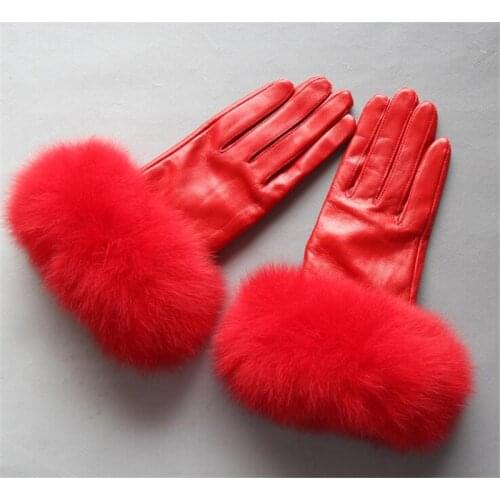 Winter fashion real fox fur sheepskin leather gloves warm thickness outdoor guantes women mittens