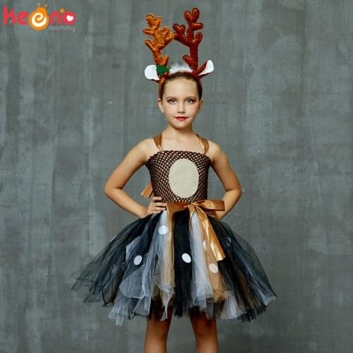 Brown Deer Tutu Dress with Headband for Girls Birthday Party Animal Costume Kids Elk Halloween Christmas Dress Up Fancy Dresses