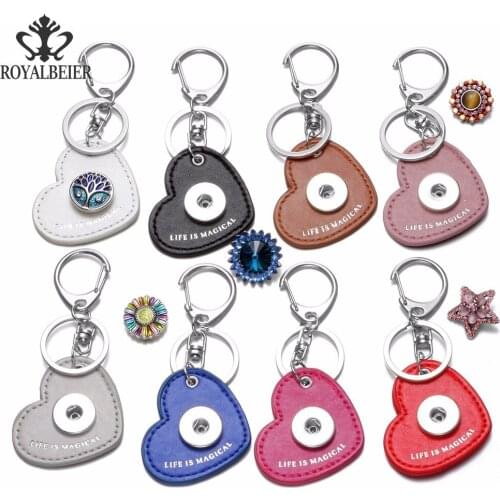 RoyalBeier 1PCS Charm Leather Heart Metal Key Chains 18mm Snap Button Keychain Jewelry For Men Car Key HolderWomen Bag Key rings