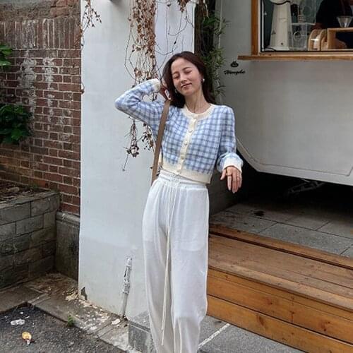 Warm chessboard a hundred high-waisted retro checkered granny sweater womens short cardigan sweater autumn new model