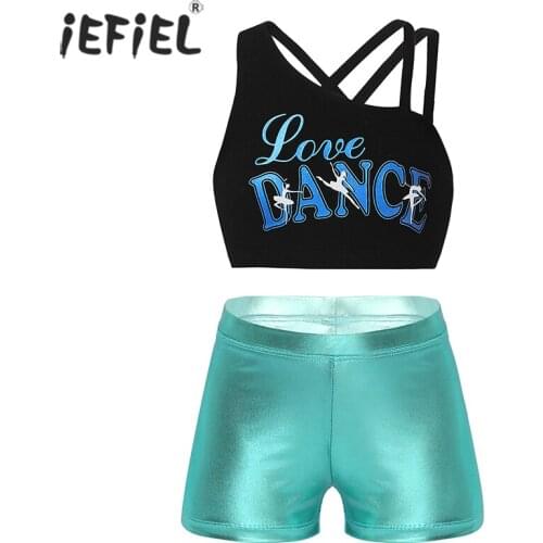 Kids Girls Ballet Dancewear Child Workout Gymnastics Sets Letter Print Sport Tanks Crop Top Bottoms Shorts Dance Class Outfits