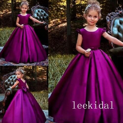 Vintage Flower Girl Dresses Deep Purple First Communion Dress A-Line Satin Toddler Pageant Dress Floor Length Bow Girls Birthday