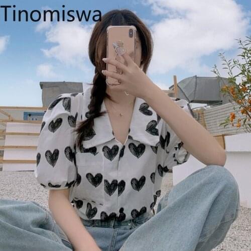 Tinomiswa Plus Size 5XL Blouse Women Turn Down Collar Short Sleeve Shirts Single Breasted Love Heart Pattern New Chic Tops Blusa