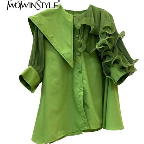 TWOTWINSTYLE White Patchwork Casual Shirt For Women O Neck Short Sleeve Solid Single Breasted Blouses Female Summer Clothing New