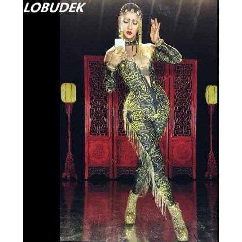 European style Female stage Costumes sexy Tassels Crystals Leotard Jumpsuit Bar Club Leading dancer DJ DS performance wear