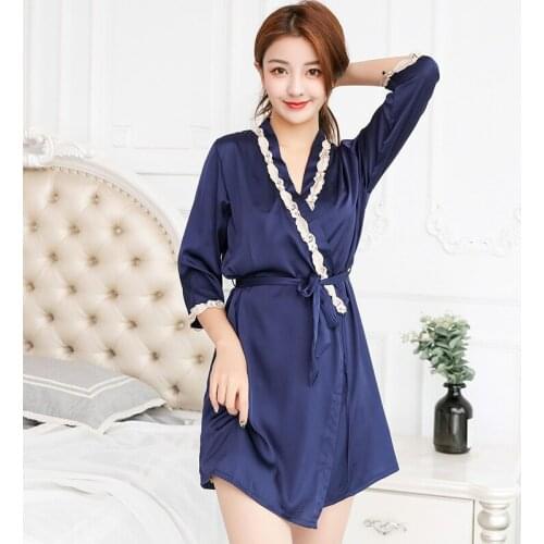 Women Silk Sexy Satin Kimono Bathrobe Knee Length Solid Bridesmaid Bath Robe Two Piece Bride Dressing Gown for Wedding Sleepwear