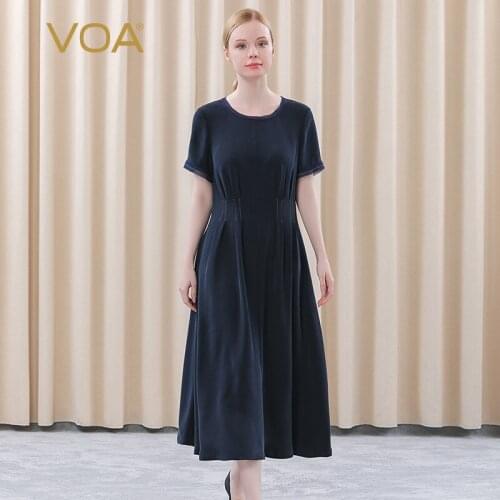 VOA Heavy Silk 30m/m Navy Blue Round Neck Bump Splicing Short Sleeve Pleated Simple Old Anti-wrinkle Dress for Women AE533