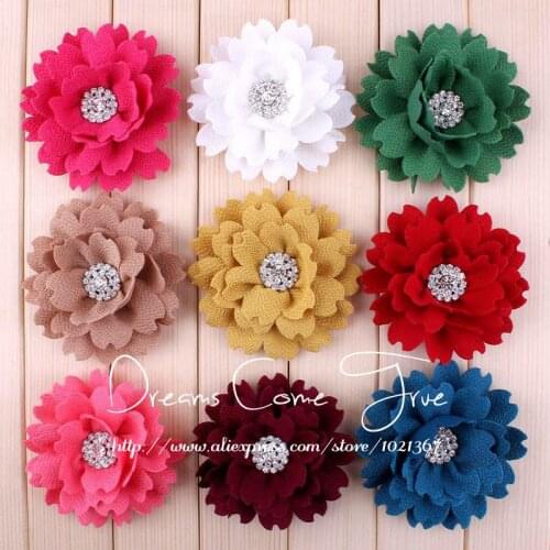 200pcs/lot 3.5" 9Colors Vintage Elegant Chic Artificial Fabric Flowers With Alloy Bling Rhinestone For Girls Hair Accessories