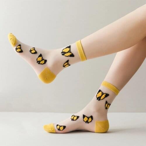 2021 Summer Butterfly Pattern Socks Women Nylon Transparent Socks Girls Harajuku Cute Embroidered Socks Ladies Fashion Sock New