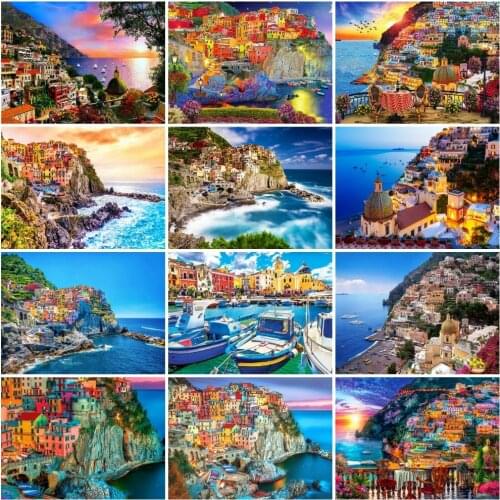 AZQSD DIY Picture Painting By Numbers Seaside Mountain House 50×40CM Handmade Paint By Numbers Landscape Home Decoration