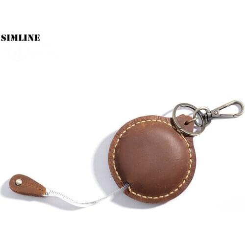 Genuine Leather Keychain Vintage Cowhide Handmade Portable Tape Measure Band Ruler Keys Accessoris Pendant Key Ring Men Women