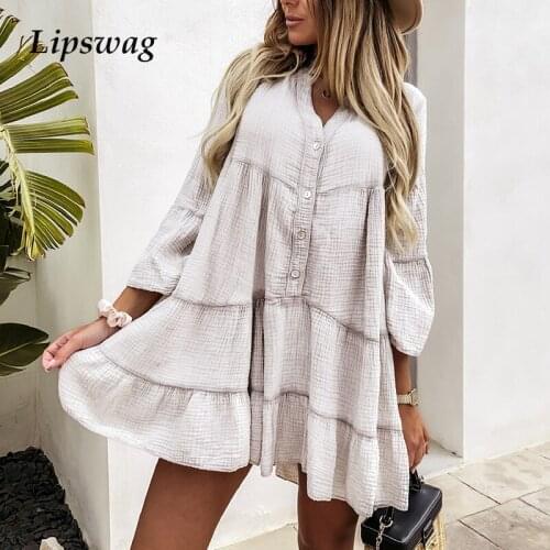 Elegant Ruffle V-Neck Button Party Dress 2021 Summer Women Solid Loose Mini Dresses Fashion Lady Long Sleeve Beach Dress Vestido