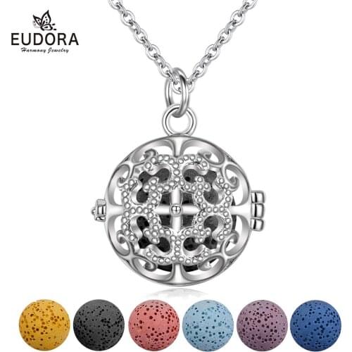 EUDORA 14mm Aromatherapy Perfume Essential Oils Diffuser Necklace Hollow out Crystal CZ white Locket Pendant with lava ball K393
