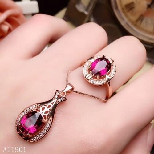 KJJEAXCMY boutique jewels 925 Silver-inlaid Natural Gem Aluminum Magnesium Garnet Ring Necklace Hanging Set Support Identificati
