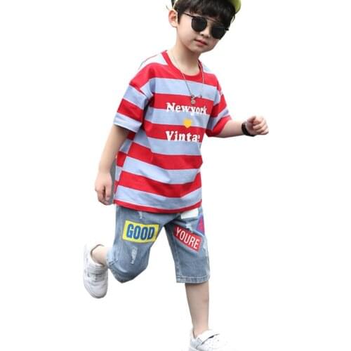 Boys Clothes Set Summer Fashion Design Kids Striped T-Shirts And Denim Short Pants 2 Pieces Kids Clothing Suit LM096
