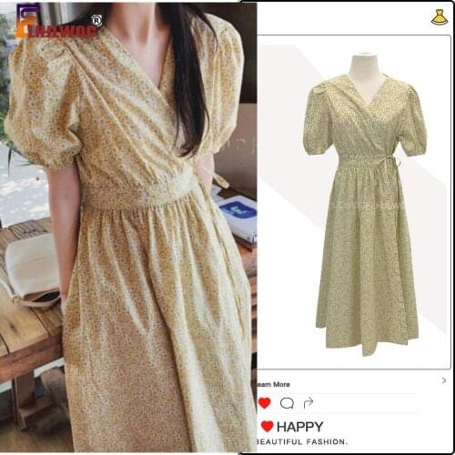 Korea Chic Fashion Long Dress Puff Sleeve Casual Holiday Floral Printed Retro Vintage Yellow Cute Women Dress Vestidos