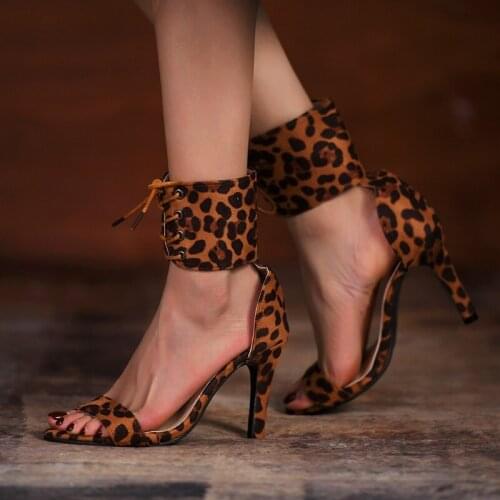 Leopard Summer Fashion High Heels Sexy Ladies Sandals Stiletto Heel Pointed Open Toe Lace-up Party Wedding Design Womens Shoes
