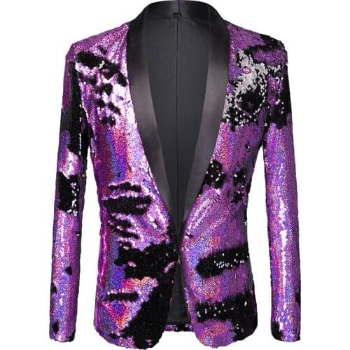 Hot Men Violet and Black Shiny Sequin Glitter Embellished Blazer Jacket Men Nightclub Blazer Wedding Party Suit Jacket Stage Si