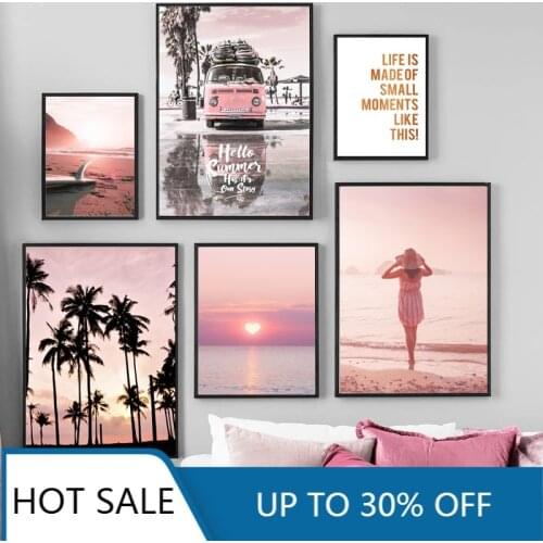 Pink Sunset Beach Coconut Tree Surfboard Wall Art Canvas Painting Nordic Prints Wall Decor Pictures For Posters Living Room Deco