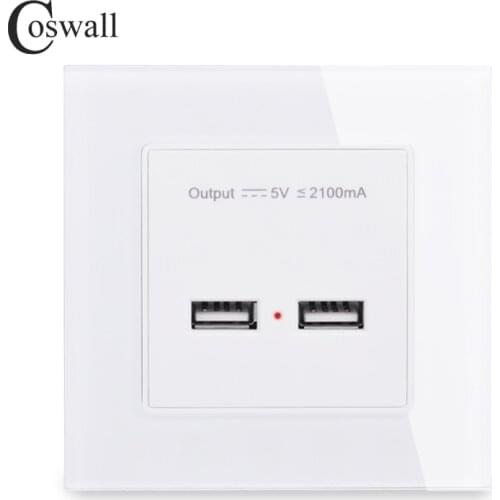 COSWALL Wall Power Socket Dual USB Smart Induction Charging Port For Mobile 5V 2.1A Output Crystal Tempered Glass Panel