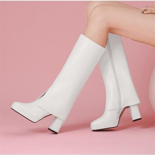 PXELENA NEW 2021 Fall Winter Genuine Leather Knee High Boots Block Heels Fashion Lady Party Office Work Date Shoes Black White