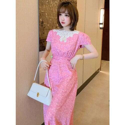New - splicing yarn net lace collar fold with big skirt of tall waist print dress amoi
